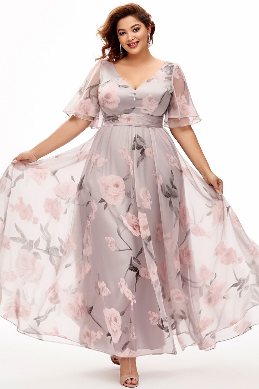 Flycurvy Plus Size Bridesmaid Dusty Rose Mesh Flutter Sleeve Floral Print Empire Waist Maxi Dress 2024 - Flycurvy 