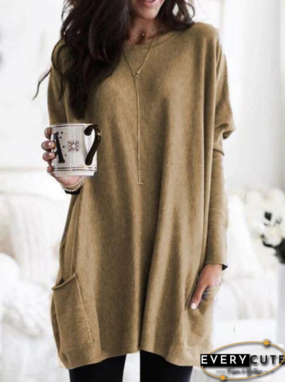 Plus Size Womens Autumn & Winter Casual Top Loose Pocket T-Shirt Long Sleeve Bat Blouse