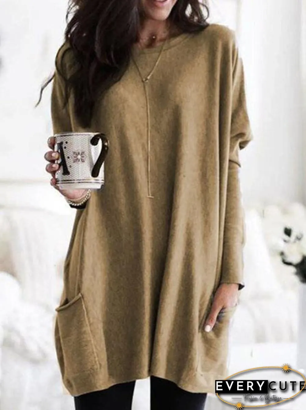 Plus Size Womens Autumn & Winter Casual Top Loose Pocket T-Shirt Long Sleeve Bat Blouse