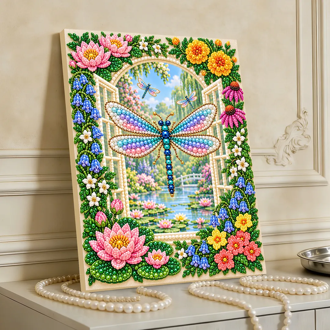 Framed Pearl Painting Kit Dragonfly Flowers 30x40cm