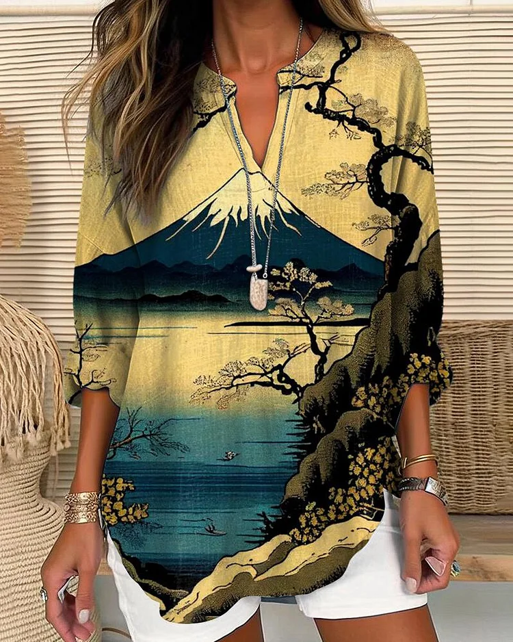 Japanese Art Mount Fuji Long Sleeves Casual Blouse