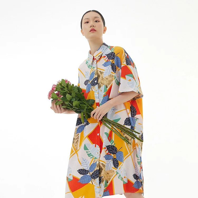 Fashion Loose Turn-down Collar Leaf Contrast Color Printed Short Sleeve Dress