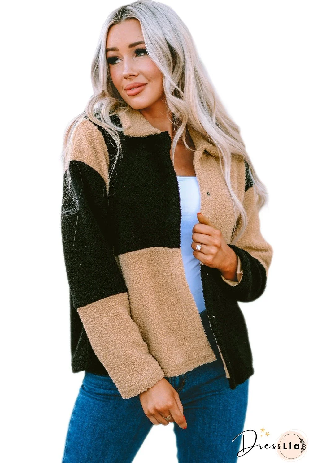 Colorblock Checkered Sherpa Jacket