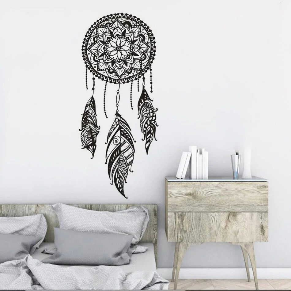 Dreamcatcher Vinyl Wall Sticker Indian Pattern Decor For Bedroom Mandala Bohemian Vinyl Wall Decal Dream Feathers Mural AZ126