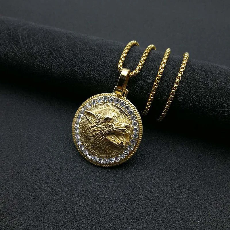 Iced Out Bling Wolf Head Hiphop Men Necklace-VESSFUL