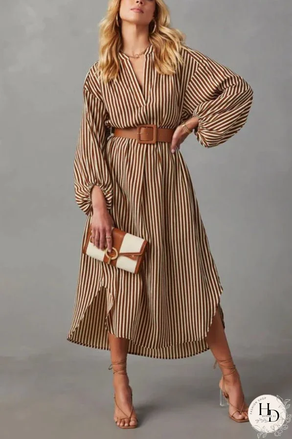 ETHEREAL SWEETIE STRIPED BELTED MIDI DRESS