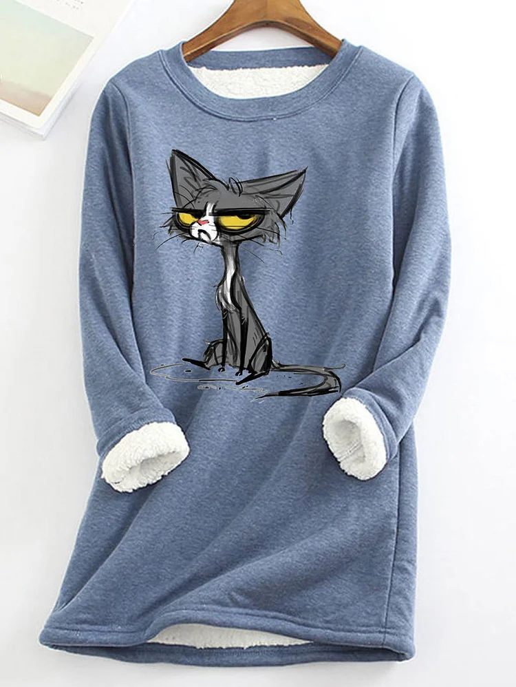 Casual Crew Neck Long Sleeve Cartoon Pattern Plush Lined Sweatshirt