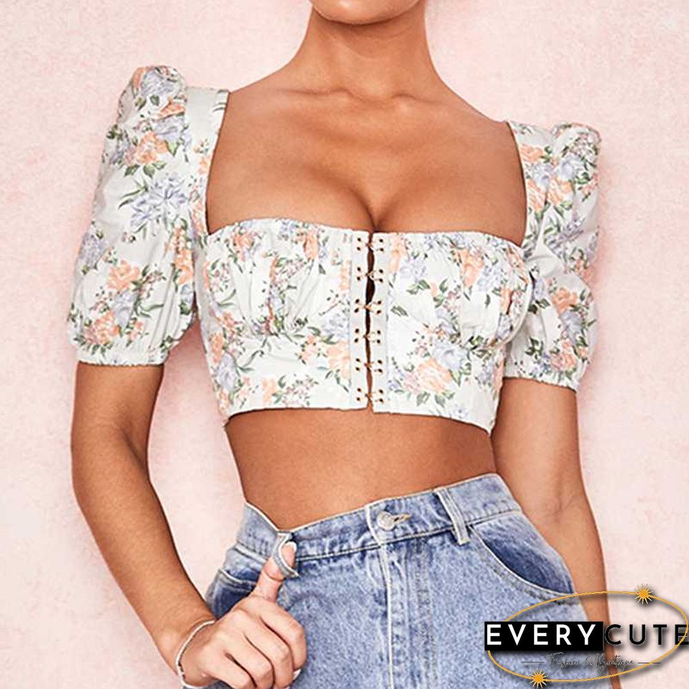 Vintage Floral Print Puff Sleeve Hook And Eye Crop Bodice Top