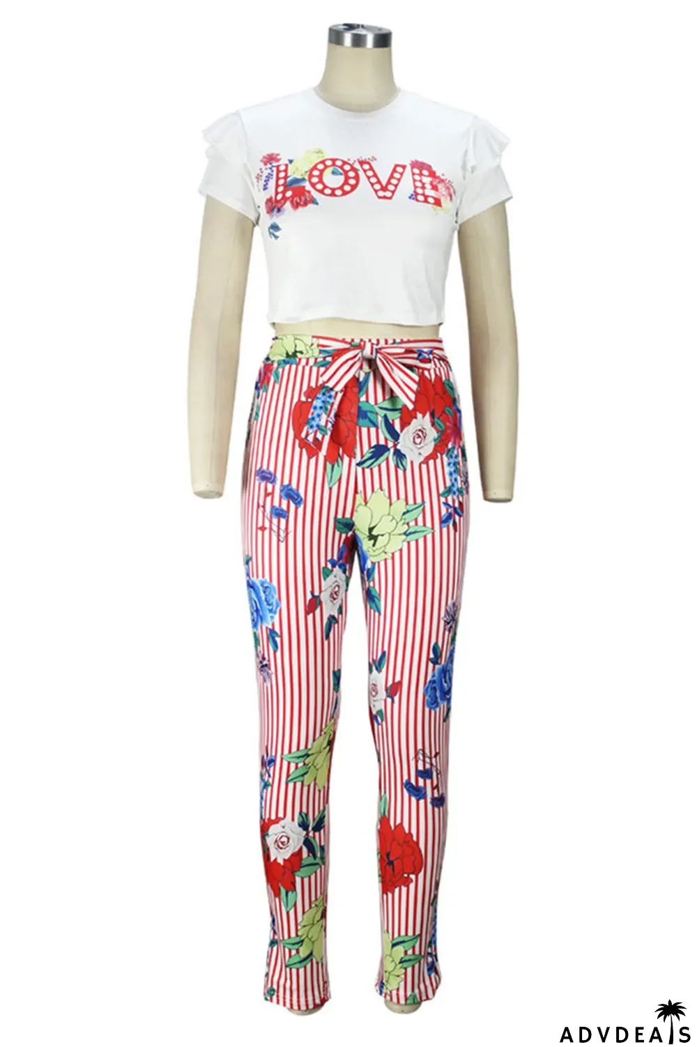 Blue Fashion Casual Print Basic O Neck Short Sleeve Two Pieces