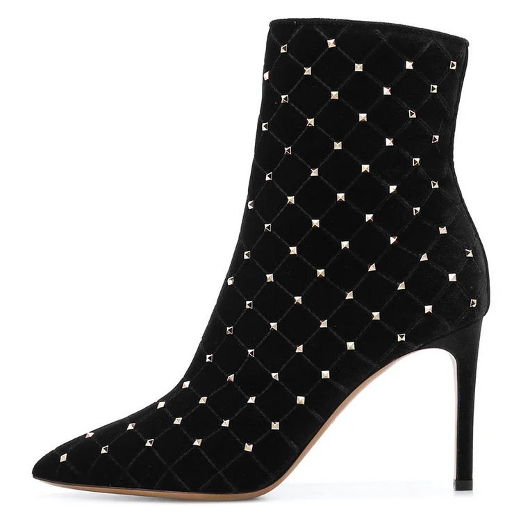 Black Velvet Studded Boots Stiletto Heel Ankle Boots |FSJ Shoes