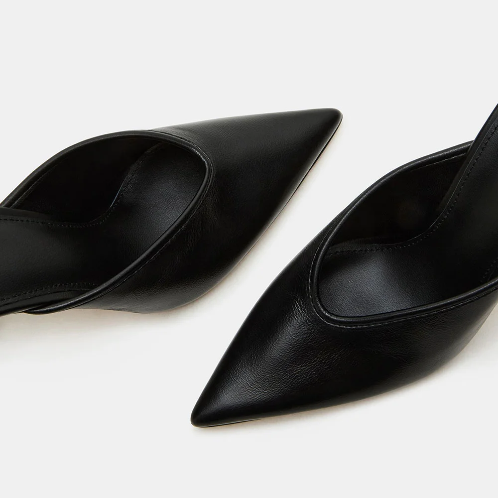 Classic Black Vegan Leather Pointed Toe Stiletto Heeled Mules