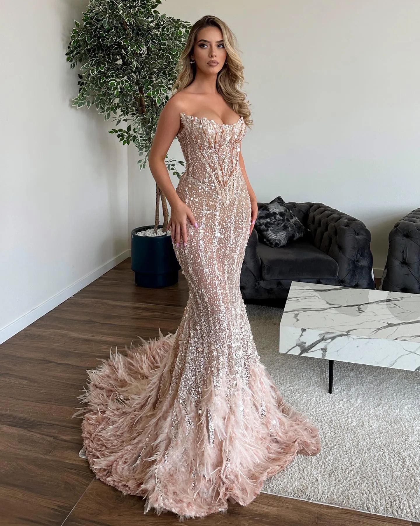 Oknass Shining Off-the-Shoulder Sequins Mermaid Prom Dress with Feathers