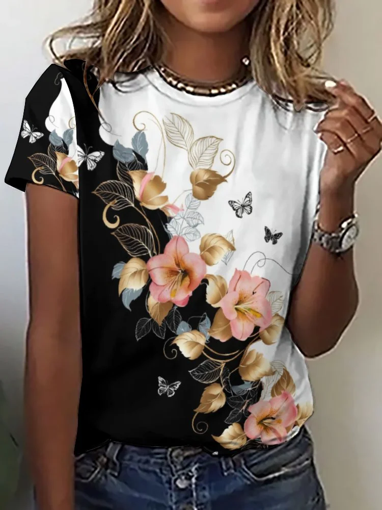 Printed Short Sleeve Casual T-shirt for  Women and Men Unisex Pattern Floral, Golden, Black, Pink