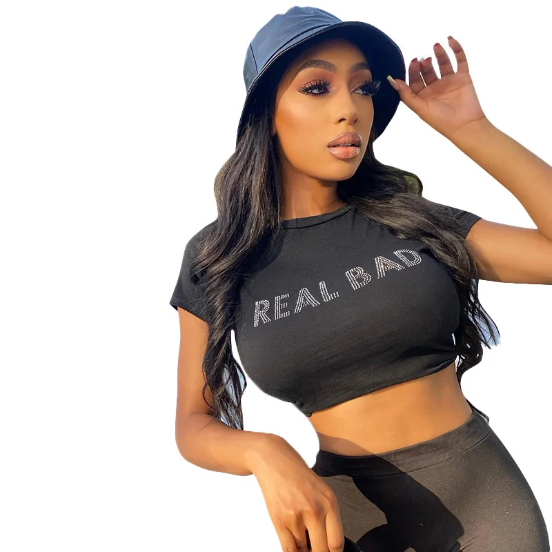 Uveng Women's Clothing 2024 New Hot Diamond Tight Dress Short-Sleeved Collar Short-Sleeved T-Shirt