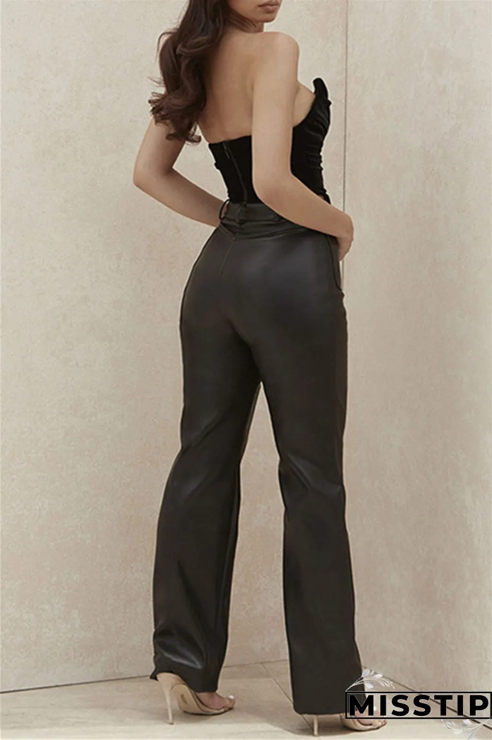 Black Fashion Casual Solid Patchwork Regular High Waist Trousers