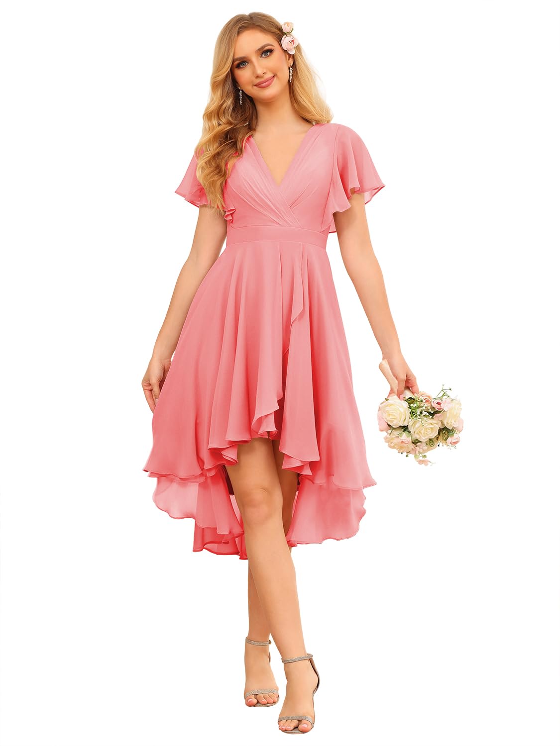 Lvs&Broner Simple Pink Chiffon V Neck Short Sleeves Pleated Short Bridesmaid Dress with Ruffles
