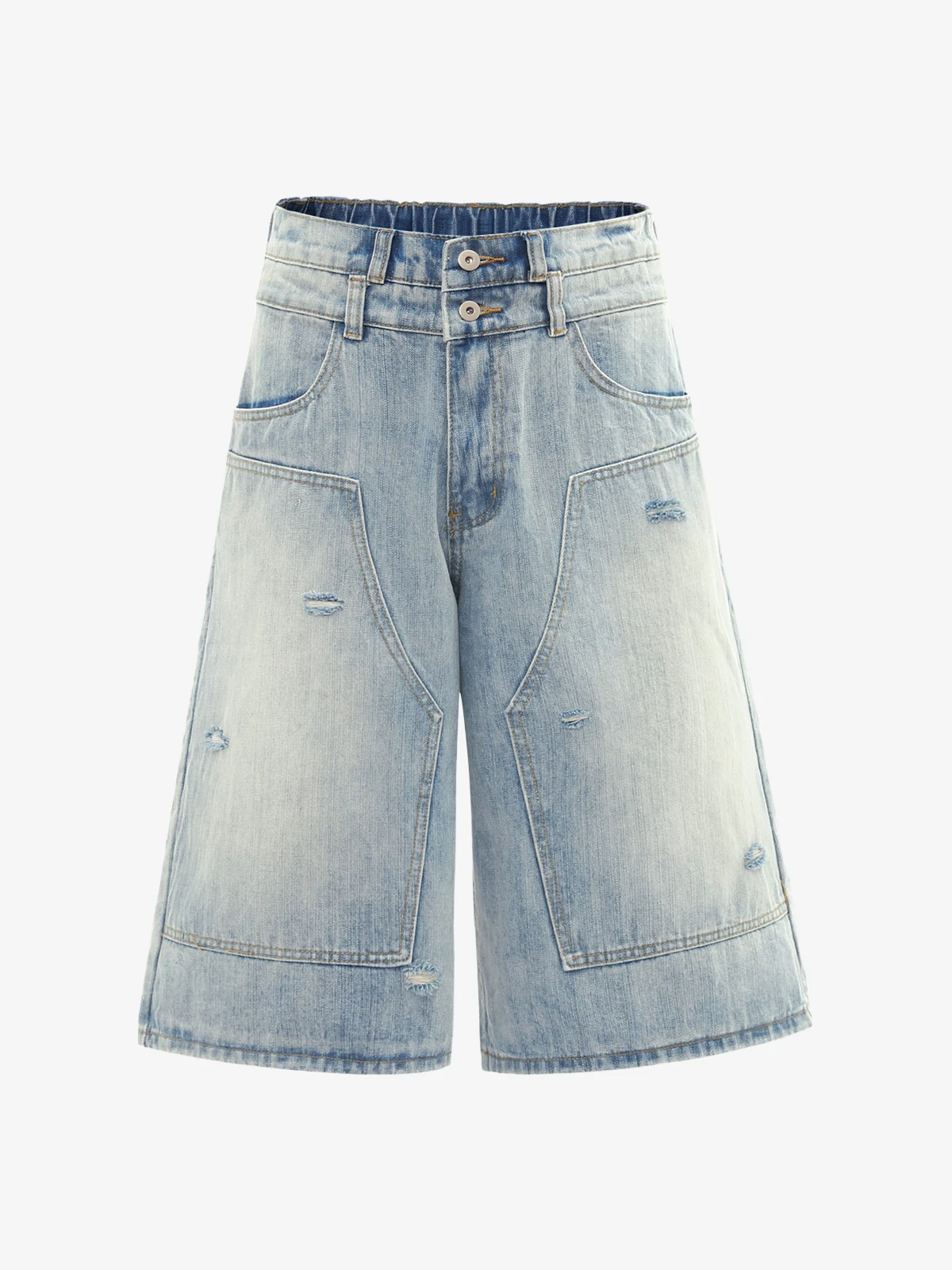 Blue Act Chic Washed Patchwork Distressed Longline Jorts Front