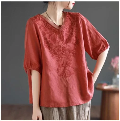 Summer Retro Loose Linen Embroidery V-Neck T-Shirt
