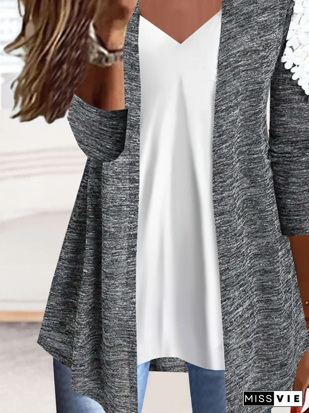 Casual Jersey Color Block Patchwork Lace Texture Cardigan