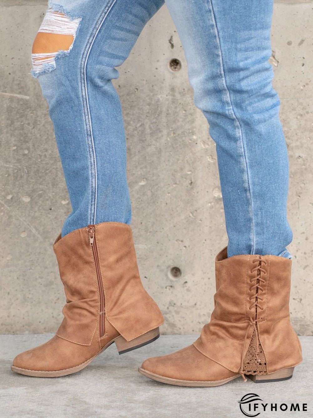 Women's Cross Lace Lace Panel Vintage Chunky Heel Chukkas Booties | IFYHOME