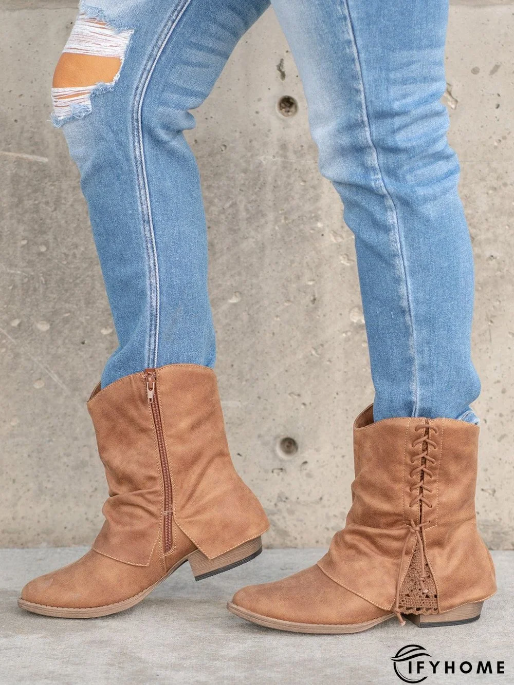 Women's Cross Lace Lace Panel Vintage Chunky Heel Chukkas Booties | IFYHOME