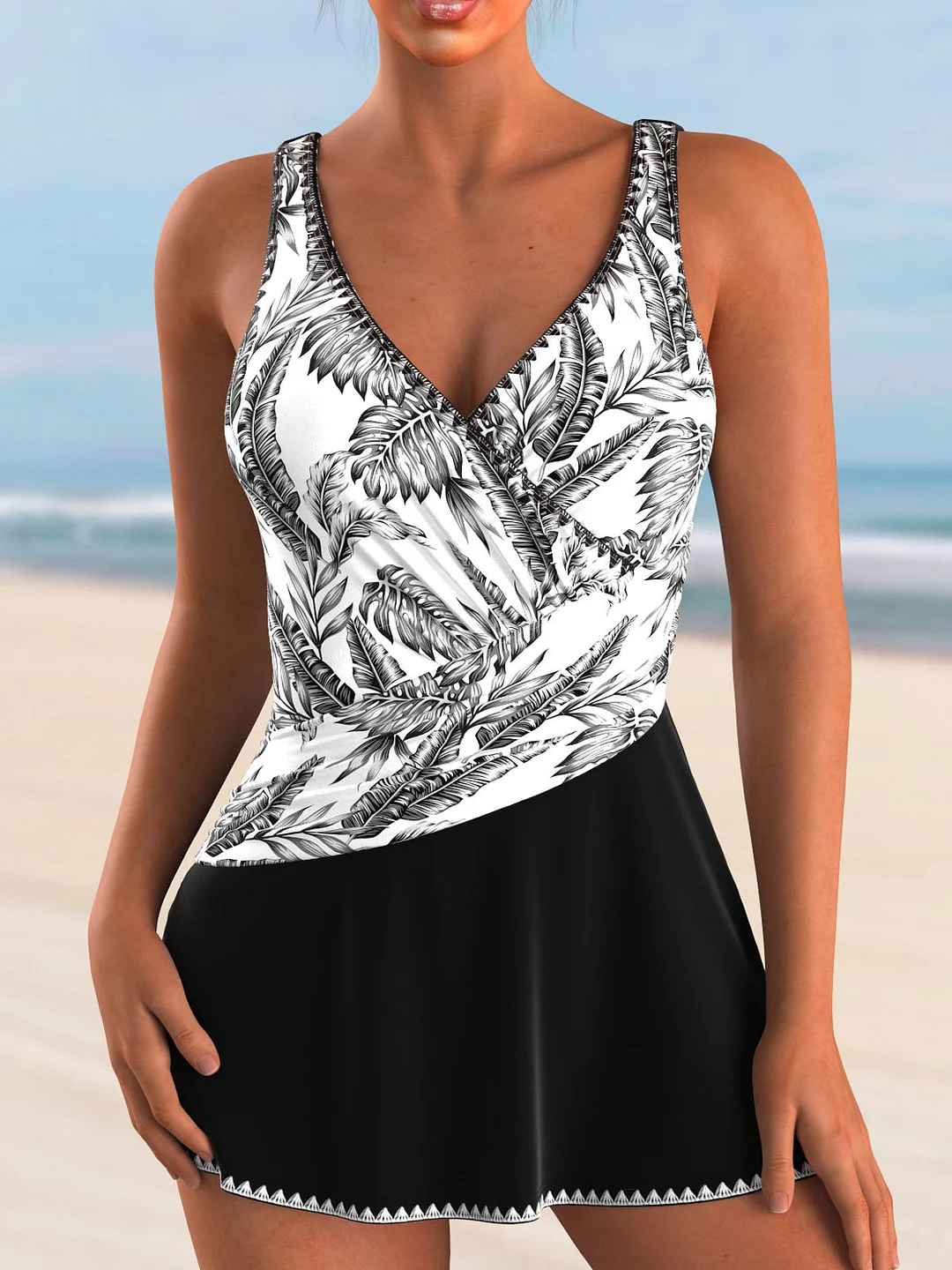 Women plus size clothing Surplice Leaf Print Black One Piece Swimdress-Nordswear