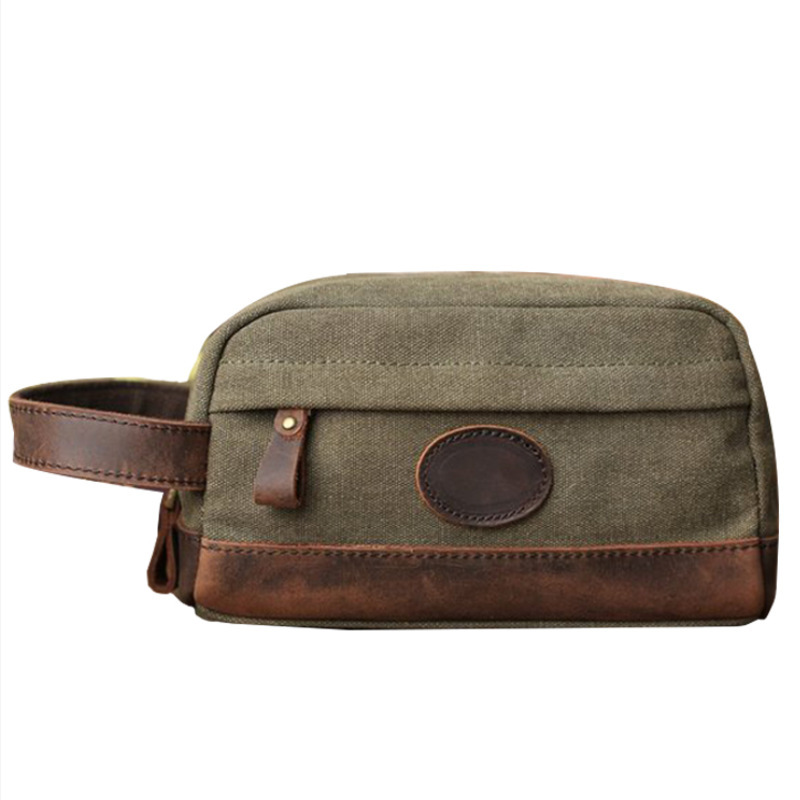 Mens Canvas Leather Toiletry Bag for Men Shaving Kit