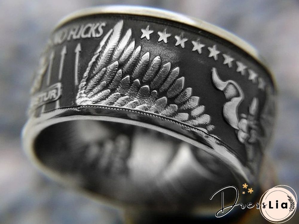 Men's fashion accessories 925 sterling silver hip hop unisex jewelry men's Viking punk skull ring vintage Morgan silver coin engraved with " No Fxxk America"" ring men's antique punk collection jewelry 7-13"
