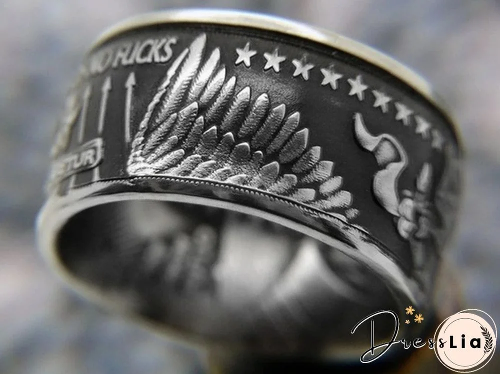 Men's fashion accessories 925 sterling silver hip hop unisex jewelry men's Viking punk skull ring vintage Morgan silver coin engraved with " No Fxxk America"" ring men's antique punk collection jewelry 7-13"