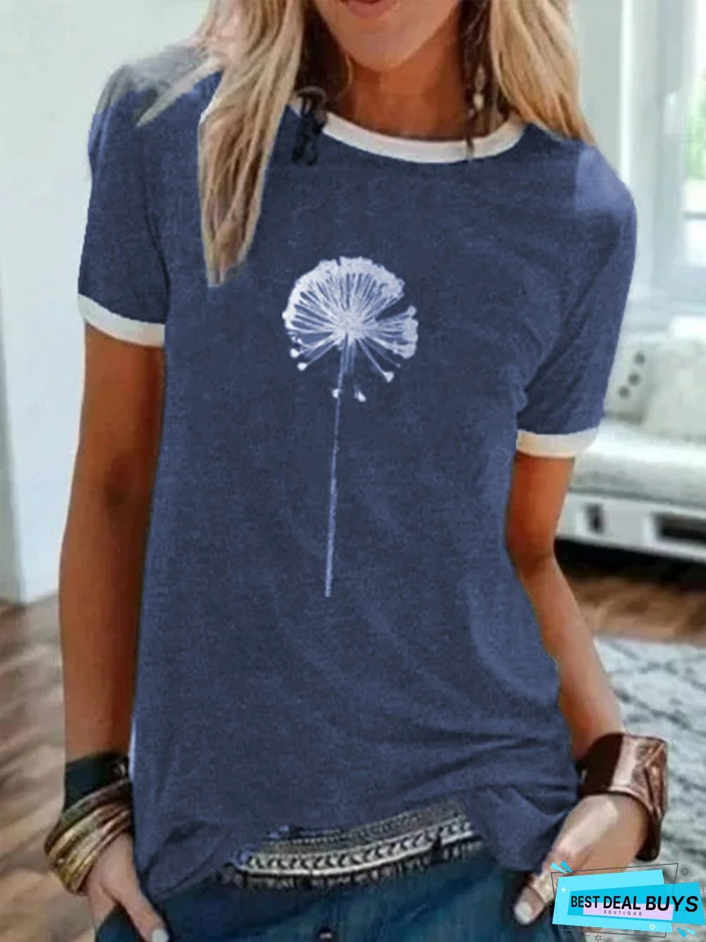 Vintage Short Sleeve Statement Dandelion Printed Crew Neck Casual Top