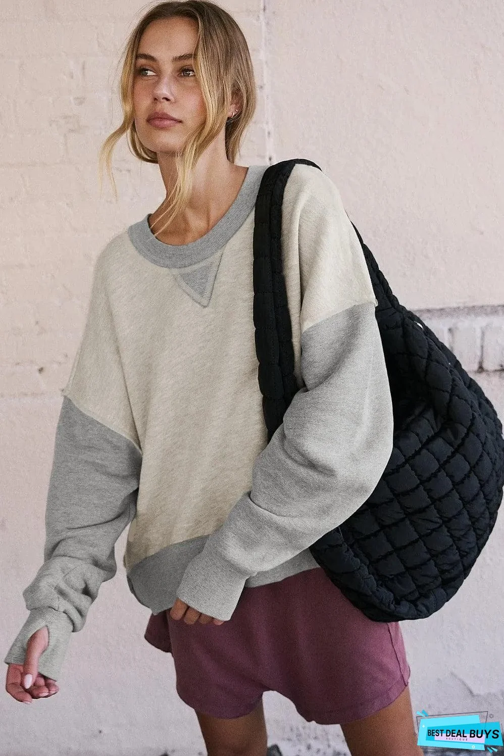 Light Grey Color Block Thumbhole Sleeve Drop Shoulder Sweatshirt