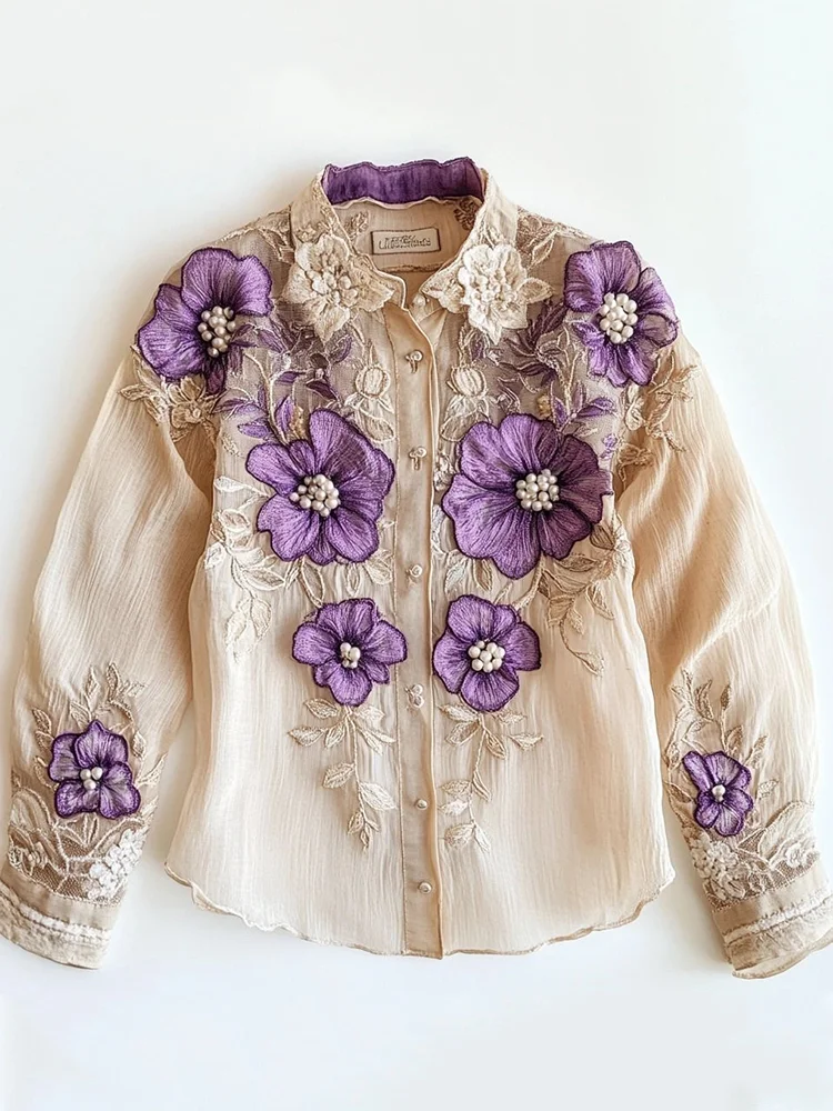 Utbros Women Said Purple Floral Embroidered Linen Blend Shirt