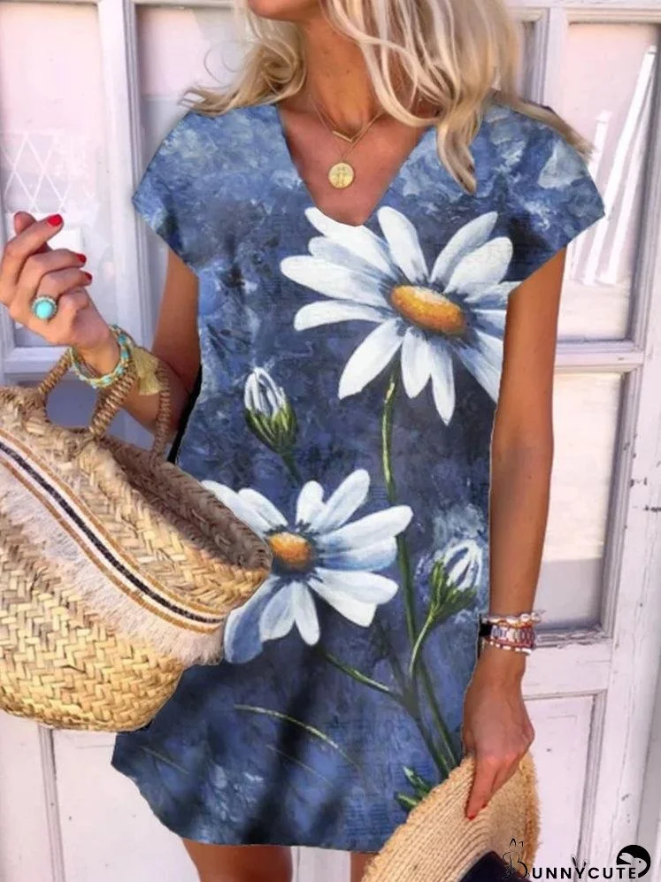Flower Print V-neck Short Sleeve Dress for Women