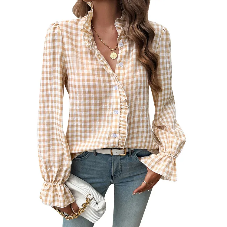 Plaid Ruffle V-neck Blouse
