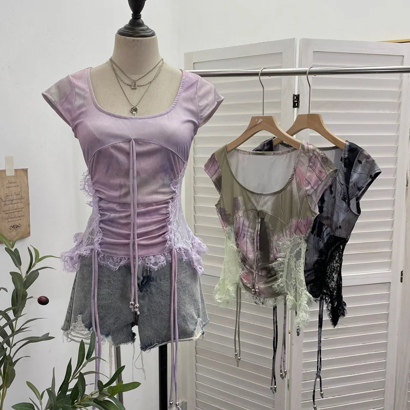 Nigikala Nigikala Industrial Lace Splicing Elastic Print With Bow Short-Sleeved T-Shirt 6185