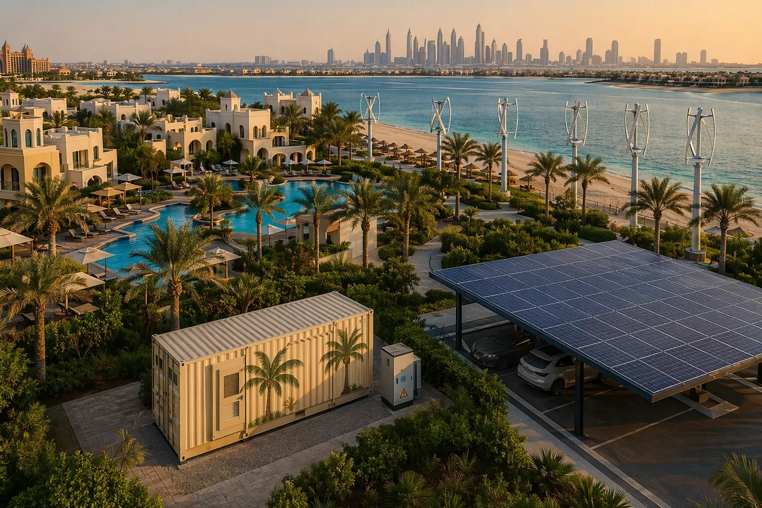 Aerial view of Palm Jumeirah luxury resort with Baiya containerized battery system, solar canopy and beachfront wind turbines
