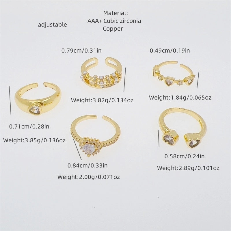 Copper 18K Gold Plated Inlay Heart Shape Zircon Open Rings