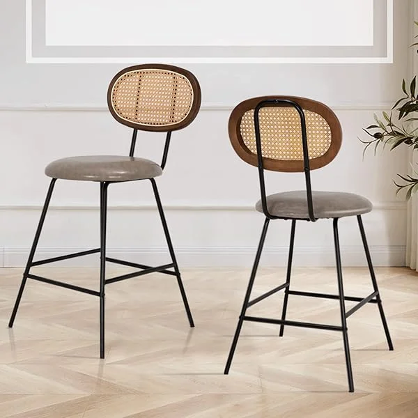 Rattan bar Stool, Indoor Leather Bar Stools Set of 2, Counter Height Bar Stools with Metal Leg & Rattan Backrest, Armless Dining Room Chairs for Kitchens Island Brown 24"Counter Chairs Set of 2