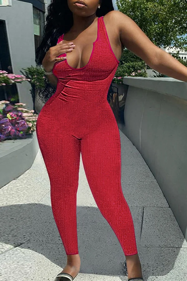 Ribbed Low Cut Bodycon Tank Jumpsuit