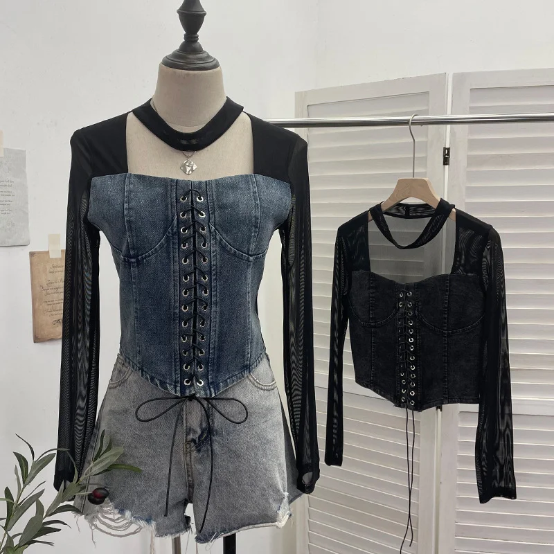 Nigikala Nigikala Hollow Hanging Neck Cowboy Splicing Mesh Strap With Irregular Long-Sleeved T-Shirt Short Top 88882