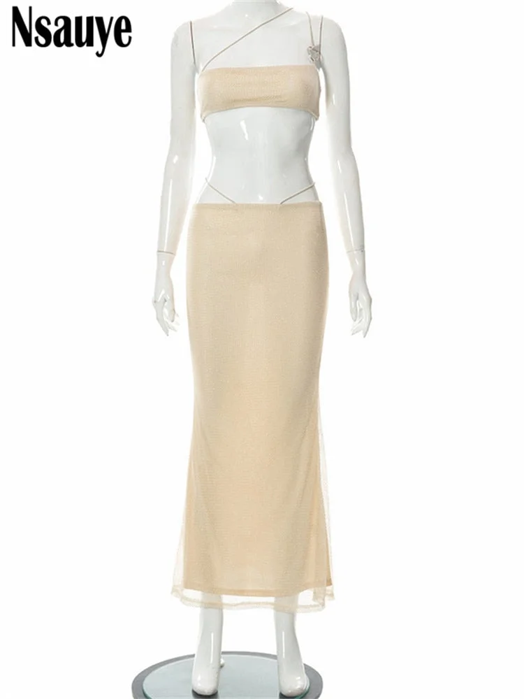 Nsauye 2022 Summer Y2K Women Clothing Mesh Dress Set Sexy Party Crop Tops And High Waist Long Skirt Two Piece Set Beach Outfits