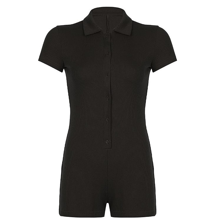 Rapcopter Single-Breasted Playsuits Brown Knitted Bodysuits Solid Casual Basic Jumpsuits Short Sleeve Overalls Biker Women Body