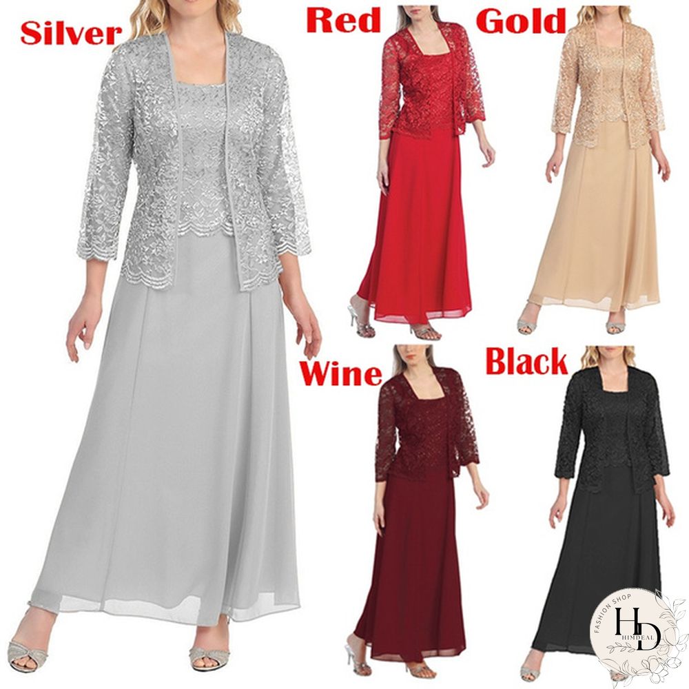 New Women Lace Cardigan And Chiffon Maxi Skirt Two-Piece Ladies Fashion Long Chiffon Dress Mother Of Groom Dress With Lace Long Sleeve