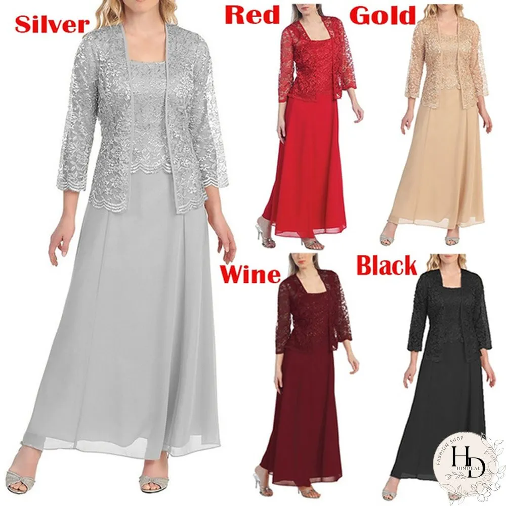 New Women Lace Cardigan And Chiffon Maxi Skirt Two-Piece Ladies Fashion Long Chiffon Dress Mother Of Groom Dress With Lace Long Sleeve