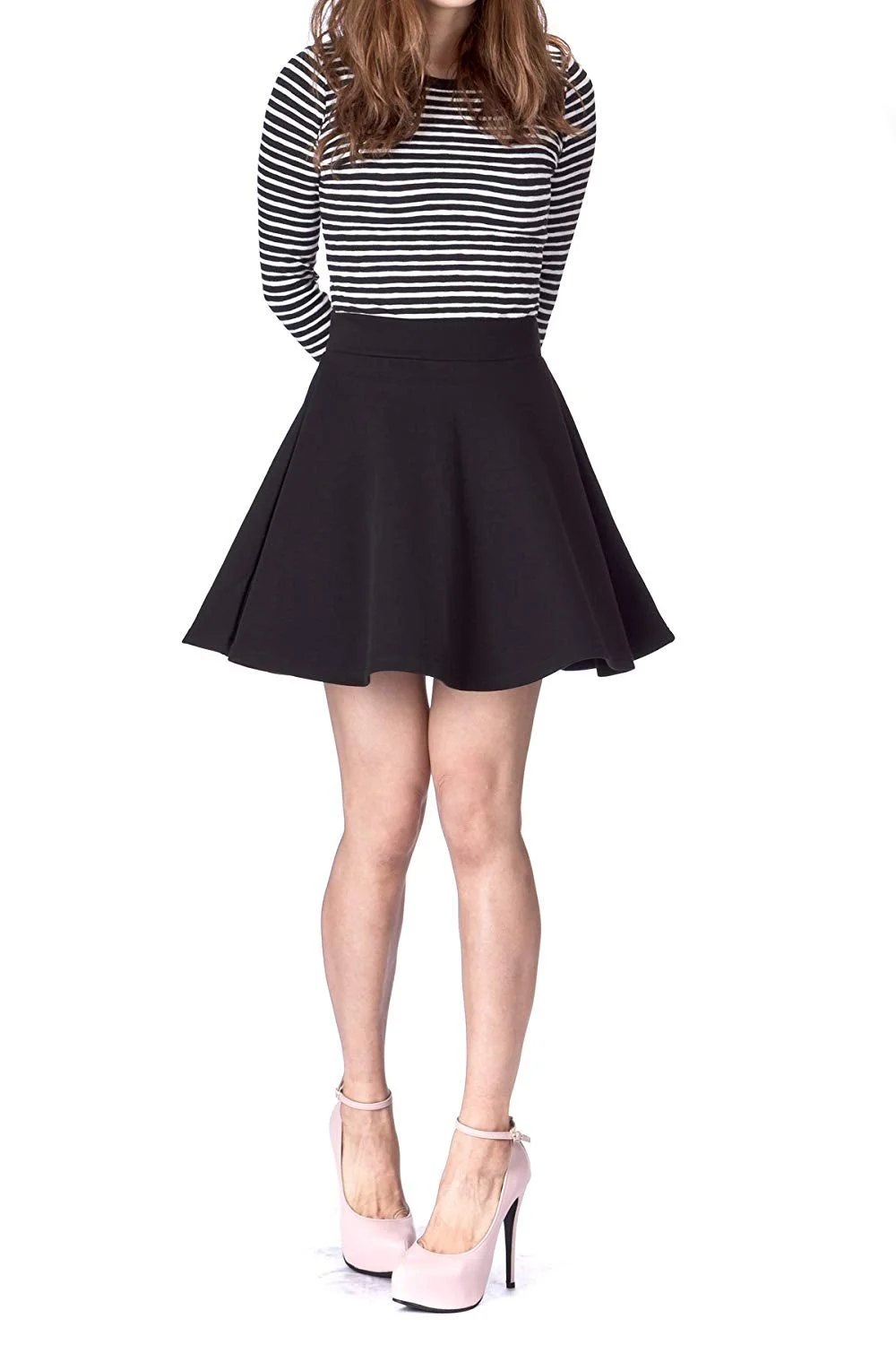 Basic Solid Stretchy Cotton High Waist A-line Flared Skater Mini Skirt