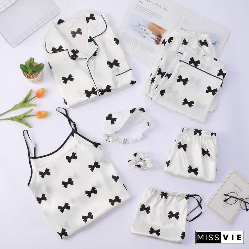 Love Heart Bow Knot Print Silk Pajamas Seven Pieces Set