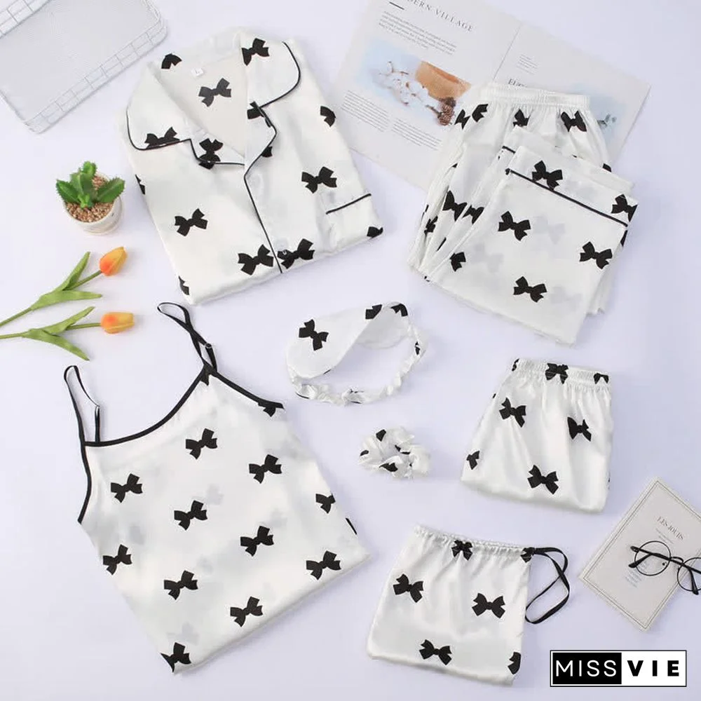 Love Heart Bow Knot Print Silk Pajamas Seven Pieces Set