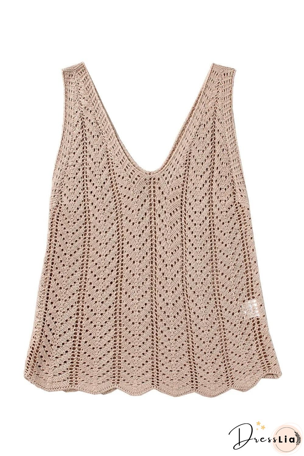 Pale Khaki Scalloped Hem V Neck Crochet Knit Vest
