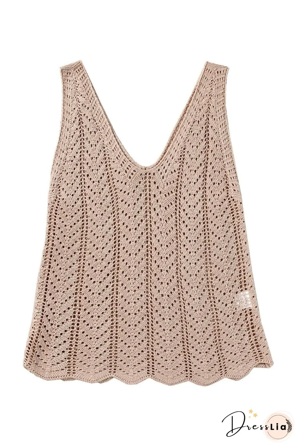 Pale Khaki Scalloped Hem V Neck Crochet Knit Vest