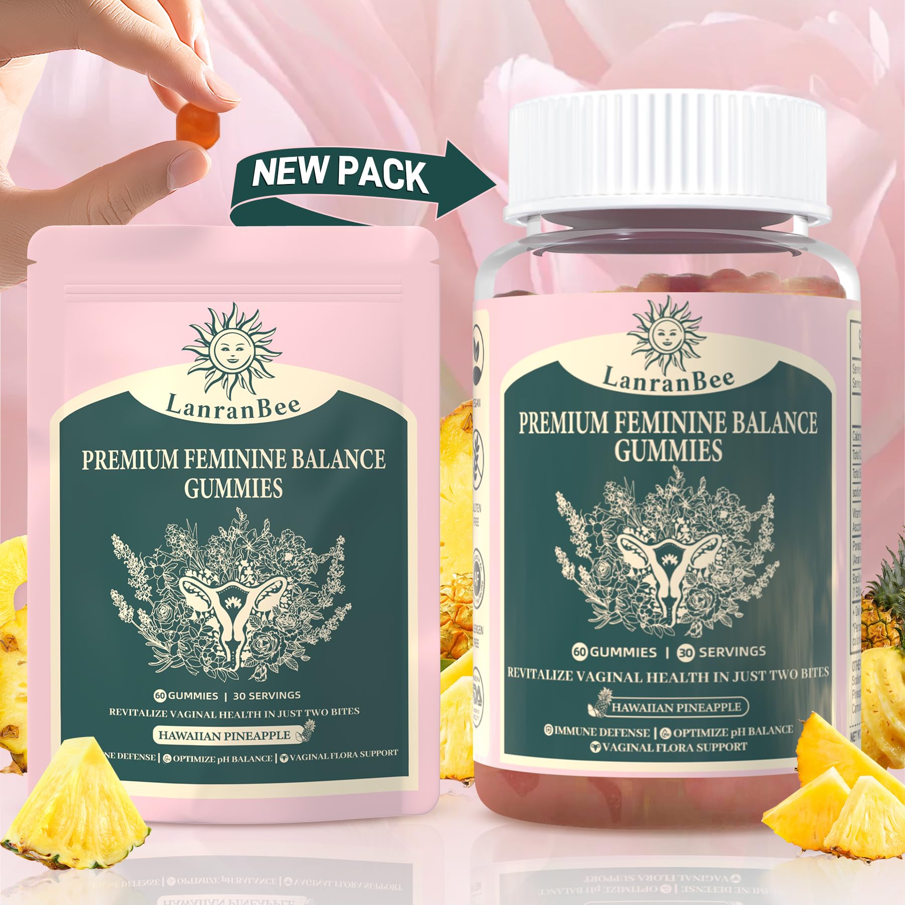 Lanranbee Women’s Balance Gummies – Naturally Support Vaginal pH, Moisture & Intimacy with Pineapple Flavor, 60 Vegan Gummies  lanranbee
